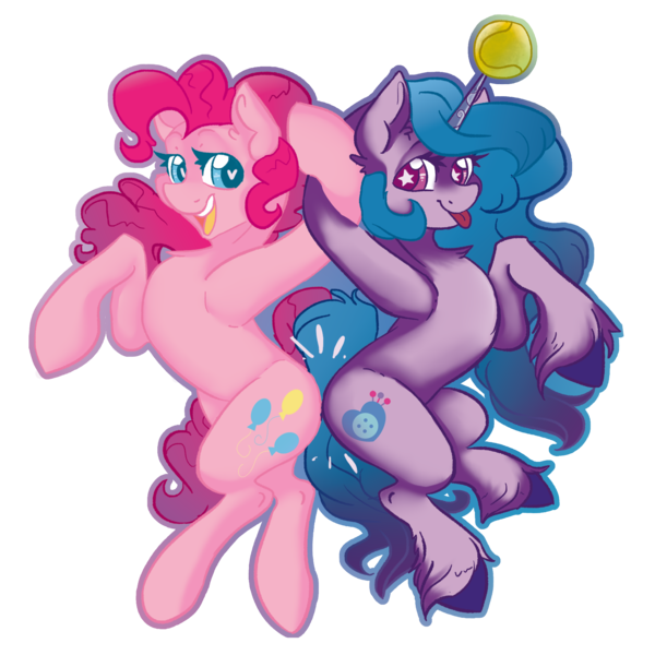 Size: 2000x2000 | Tagged: safe, artist:dankpegasista, derpibooru import, izzy moonbow, pinkie pie, earth pony, pony, unicorn, g5, :p, ball, blue eyes, butt bump, butt to butt, butt touch, chest fluff, colored, colored lineart, curly hair, cute, derpibooru exclusive, digital art, duo, duo female, ear fluff, female, floating, flowy mane, full body, full color, gradient background, gradient mane, happy, heart, heart eyes, high res, highlights, holding each other, holding hooves, image, izzy's tennis ball, izzybetes, jumping, krita, long eyelashes, long mane, long tail, looking at each other, looking at someone, looking back, pink coat, pink mane, png, purple background, purple coat, raised hoof, shading, simple background, smiling, smiling at each other, starry eyes, tail, tennis ball, tongue out, unshorn fetlocks, upright, wall of tags, wavy mane, wavy tail, wingding eyes
