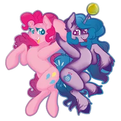 Size: 2000x2000 | Tagged: safe, artist:dankpegasista, derpibooru import, izzy moonbow, pinkie pie, earth pony, pony, unicorn, g5, :p, ball, blue eyes, butt bump, butt to butt, butt touch, chest fluff, colored, colored lineart, curly hair, cute, derpibooru exclusive, digital art, duo, duo female, ear fluff, female, floating, flowy mane, full body, full color, gradient background, gradient mane, happy, heart, heart eyes, high res, highlights, holding each other, holding hooves, image, izzy's tennis ball, izzybetes, jumping, krita, long eyelashes, long mane, long tail, looking at each other, looking at someone, looking back, pink coat, pink mane, png, purple background, purple coat, raised hoof, shading, simple background, smiling, smiling at each other, starry eyes, tail, tennis ball, tongue out, unshorn fetlocks, upright, wall of tags, wavy mane, wavy tail, wingding eyes