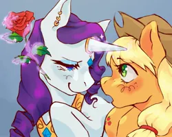 Size: 2048x1638 | Tagged: safe, artist:indigofera-tinctoria, derpibooru import, applejack, rarity, pony, unicorn, blue background, blushing, bust, cowboy hat, duo, ear piercing, female, flower, glow, glowing horn, hat, horn, horn jewelry, image, jewelry, jpeg, lesbian, looking at each other, looking at someone, magic, piercing, rarijack, rose, shipping, simple background, smiling, telekinesis