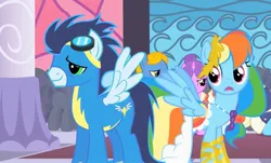 Size: 2007x1212 | Tagged: safe, derpibooru import, screencap, rainbow dash, soarin', pegasus, pony, unicorn, the best night ever, alternate hairstyle, background pony, canterlot, canterlot castle, castle, clothes, dress, female, gala dress, grand galloping gala, image, jpeg, male, mare, open mouth, stallion, turned head, uniform, wonderbolts uniform