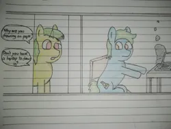 Size: 4160x3120 | Tagged: safe, artist:valuable ashes, derpibooru import, oc, oc:technical writings, oc:valuable ashes, unofficial characters only, earth pony, pony, unicorn, comic, computer, dialogue, image, jpeg, laptop computer, sitting, smoke, traditional art
