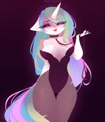 Size: 2407x2804 | Tagged: suggestive, artist:red_tsukini, derpibooru import, princess celestia, alicorn, anthro, absolute cleavage, breasts, cameltoe, cleavage, clothes, collar, eye clipping through hair, eyebrows, eyebrows visible through hair, female, floppy ears, image, leash, looking at you, open mouth, pantyhose, png, solo, solo female, thighs, thunder thighs, wide hips