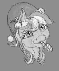 Size: 618x750 | Tagged: safe, artist:auntiefrost, derpibooru import, oc, oc:snow frost, unofficial characters only, earth pony, bust, candy, candy cane, christmas, food, hat, holiday, image, monochrome, png, portrait, profile picture, santa hat, sketch