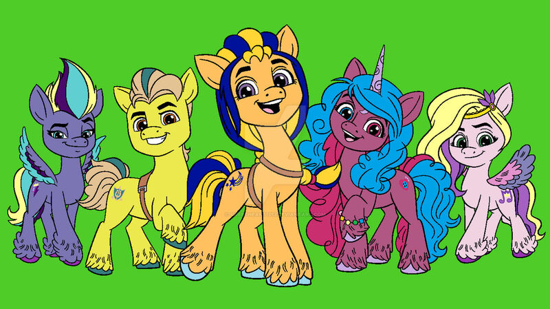 Size: 1280x718 | Tagged: safe, artist:sweetheart1012, derpibooru import, editor:sweetheart1012, hitch trailblazer, izzy moonbow, pipp petals, sunny starscout, zipp storm, oc, earth pony, pegasus, unicorn, g5, 1000 hours in ms paint, bootleg, image, jpeg, redesign, simple background, ukraine