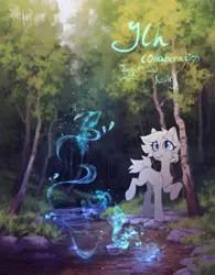 Size: 2800x3592 | Tagged: safe, artist:jsunlight, artist:koviry, derpibooru import, oc, unofficial characters only, fish, pony, collaboration, commission, forest, image, magic, png, river, solo, stream, tree, water, your character here