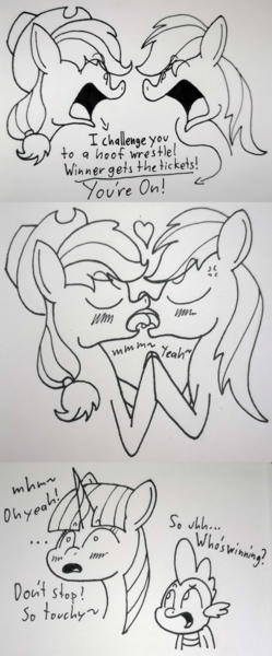 Size: 2688x6481 | Tagged: safe, artist:spoopygirl, derpibooru import, applejack, rainbow dash, spike, twilight sparkle, the ticket master, comic, image, kissing, lineart, png, text, traditional art