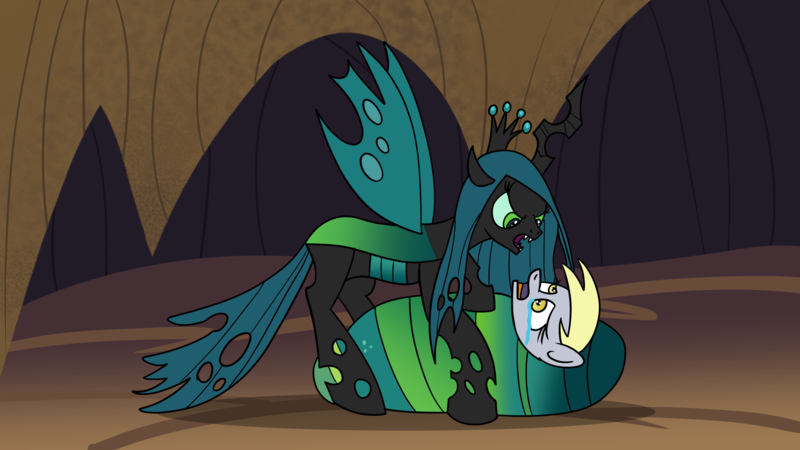 Size: 1920x1080 | Tagged: safe, artist:platinumdrop, derpibooru import, derpy hooves, queen chrysalis, changeling, pegasus, pony, abuse, bad end, cave, cocoon, commission, crying, derpybuse, image, imminent death, imminent vore, png, restrained, scared, spread wings, underground, wings