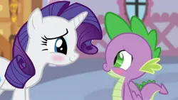 Size: 1920x1080 | Tagged: safe, artist:georgegarza01, derpibooru import, screencap, rarity, spike, dragon, pony, unicorn, 1080p, blushing, cute, duo, fan animation, female, image, jpeg, looking at each other, looking at someone, male, mare, raribetes, smiling, spikabetes, winged spike, wings