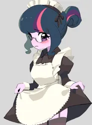 Size: 1680x2270 | Tagged: safe, artist:cheesesauce_45, derpibooru import, sci-twi, twilight sparkle, human, equestria girls, blush sticker, blushing, clothes, curtsey, embarrassed, female, garter straps, gray background, image, jpeg, maid, simple background, socks, solo, stockings, thigh highs