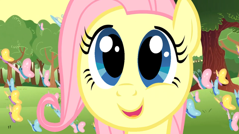 Size: 1366x768 | Tagged: safe, artist:beavernator, derpibooru import, edit, edited screencap, screencap, fluttershy, butterfly, insect, pegasus, pony, season 1, the cutie mark chronicles, close-up, cute, female, filly, filly fluttershy, happy, image, open mouth, png, shyabetes, smiling, so many wonders, solo, younger