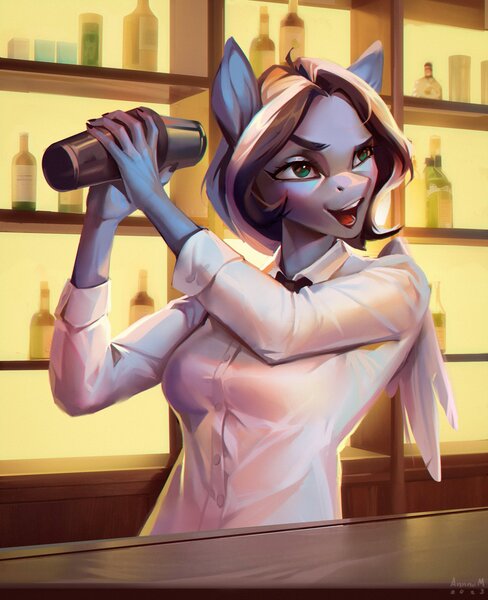 Size: 2480x3051 | Tagged: safe, artist:annna markarova, derpibooru import, oc, anthro, pegasus, pony, bar, bartender, bowtie, button-up shirt, clothes, eyes open, glass, image, jpeg, shirt, solo, table