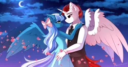 Size: 2048x1080 | Tagged: safe, artist:airiniblock, derpibooru import, oc, oc:fleurbelle, oc:ryoku memori, unofficial characters only, anthro, unicorn, anthro oc, clothes, costume, dress, image, night, png, rcf community, romantic, sky, wings