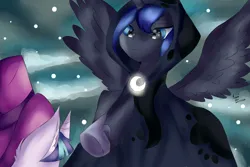 Size: 6000x4000 | Tagged: safe, artist:sumisunny124, derpibooru import, princess luna, snowfall frost, spirit of hearth's warming yet to come, starlight glimmer, alicorn, pony, unicorn, a hearth's warming tail, cloak, clothes, duo, image, jpeg