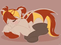 Size: 4000x3000 | Tagged: safe, artist:chura chu, derpibooru import, oc, unofficial characters only, bat pony, pony, bat pony oc, bat wings, blushing, clothes, commission, curled up, cute, fangs, female, image, mare, not porn, png, sleeping, socks, solo, solo female, stockings, thigh highs, wings