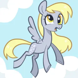 Size: 5000x5000 | Tagged: safe, artist:pilesofmiles, derpibooru import, derpy hooves, pegasus, pony, background pony, blue background, cloud, cloudy, derp, flying, food, image, muffin, png, simple background, solo