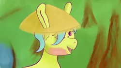 Size: 1920x1080 | Tagged: safe, artist:kujivunia, derpibooru import, oc, unofficial characters only, earth pony, pony, burned, grass, hat, image, jungle, long ears, male, png, smiling, solo, stallion, straw hat, tree, vietnam flashback, water