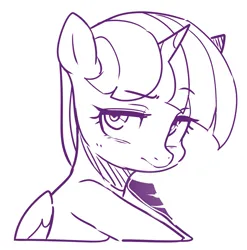 Size: 2061x2084 | Tagged: safe, artist:maren, derpibooru import, twilight sparkle, twilight sparkle (alicorn), alicorn, pony, bust, doodle, female, high res, image, lidded eyes, mare, monochrome, png, solo, unamused