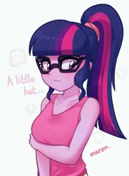 Size: 1421x1934 | Tagged: safe, artist:maren, derpibooru import, sci-twi, twilight sparkle, equestria girls, equestria girls series, adorasexy, adorkable, adorkasexy, alternate hairstyle, arm under breasts, blushing, breasts, busty sci-twi, busty twilight sparkle, cleavage, clothes, cute, dialogue, doodle, dork, glasses, image, jpeg, looking sideways, meganekko, sci-twiabetes, sexy, simple background, solo, sweat, tanktop, twiabetes, white background