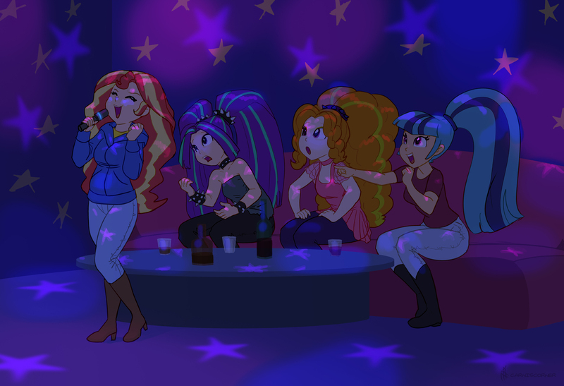 Size: 1460x998 | Tagged: safe, artist:carnifex, derpibooru import, adagio dazzle, aria blaze, sonata dusk, sunset shimmer, human, equestria girls, boots, clothes, cowboy boots, eyes closed, female, high heel boots, human coloration, image, jpeg, karaoke, microphone, open mouth, shoes, singing, the dazzlings