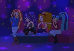 Size: 1460x998 | Tagged: safe, artist:carnifex, derpibooru import, adagio dazzle, aria blaze, sonata dusk, sunset shimmer, human, equestria girls, boots, clothes, cowboy boots, eyes closed, female, high heel boots, human coloration, image, jpeg, karaoke, microphone, open mouth, shoes, singing, the dazzlings