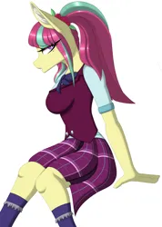 Size: 2128x2994 | Tagged: safe, artist:melodytheartpony, derpibooru import, sour sweet, anthro, equestria girls, bow, breasts, busty sour sweet, clothes, commission, eyelashes, female, hair accessory, image, looking at you, plaid, png, ponytail, shirt, signature, simple background, sitting, skirt, socks, solo, uniform, white background