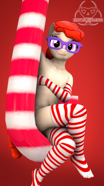 Size: 1080x1920 | Tagged: questionable, artist:senthaurekmern, banned from derpibooru, twist, anthro, earth pony, plantigrade anthro, 3d, candy, candy cane, child, clothes, covering breasts, female, food, functionally nude, glasses, gloves, image, lolicon, png, sitting, smiling, socks, solo, solo female, striped gloves, striped socks, underage