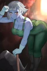 Size: 800x1200 | Tagged: suggestive, artist:tzc, derpibooru import, limestone pie, equestria girls, bent over, big breasts, breasts, busty limestone pie, cleavage, clothes, female, fist, image, jpeg, looking at you, mine, miner, overalls, pickaxe, raised fist, rock, solo, solo female, sweat, wide hips
