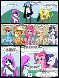 Size: 7500x10000 | Tagged: safe, artist:chedx, derpibooru import, applejack, fluttershy, pinkie pie, rainbow dash, rarity, twilight sparkle, comic:learning with pibby glitch battles, fanfic, comic, commission, fanfic art, image, mane six, mordecai, multiverse, pibby, png, regular show, spongebob squarepants, spongebob squarepants (character)