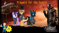 Size: 5360x3008 | Tagged: safe, artist:ponygamer2020, derpibooru import, oc, oc:myoozik the dragon, oc:twi clown, oc:w. rhinestone eyes, unofficial characters only, changeling, dragon, human, pony, unicorn, fallout equestria, bat wings, blue changeling, blue eyes, brown eyes, changeling oc, claws, clothes, clown, clown nose, crossed arms, cute, derpibooru exclusive, dragon oc, dragon wings, fallout, fallout: new vegas, female, folded wings, glasses, group, hair, happy, hat, horn, image, jumpsuit, male, ncr, ncr ranger, new california republic, non-pony oc, not twilight sparkle, ocbetes, open mouth, open smile, pipboy, png, prepare for the future, raised hoof, red nose, shirt, smiling, tail, top hat, trio, vault 21, vault boy, vault suit, vector, wallpaper, wings