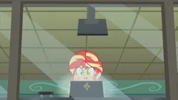 Size: 1920x1080 | Tagged: safe, derpibooru import, screencap, sunset shimmer, equestria girls, friendship games, the science of magic, computer, female, image, laptop computer, oh crap face, png, shrunken pupils, solo, sunset the science gal
