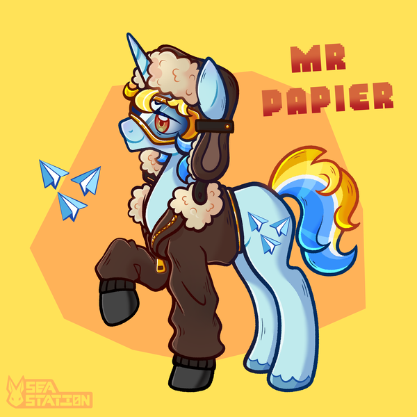 Size: 3000x3000 | Tagged: safe, artist:seasemissary, derpibooru import, oc, oc:mr. papier, pony, unicorn, bomber jacket, clothes, goggles, image, jacket, male, offspring, parent:fancypants, parent:lightning dust, png, quadrupedal, raised hoof, solo, stallion