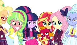 Size: 1280x749 | Tagged: safe, artist:sarahalen, derpibooru import, applejack, fluttershy, garble, lemon zest, sugarcoat, sunset shimmer, twilight sparkle, equestria girls, friendship games, alternate universe, image, png, simple background, white background