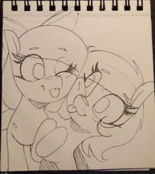 Size: 604x676 | Tagged: safe, artist:lockheart, derpibooru import, oc, oc:cherry sweetheart, oc:stella cherry, unofficial characters only, earth pony, pony, bow, cheek squish, cute, duo, explicit source, eye clipping through hair, female, grayscale, hair bow, holding hooves, image, jpeg, mare, monochrome, one eye closed, pencil drawing, squishy cheeks, tongue out, traditional art