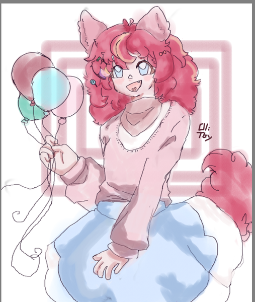 Size: 591x700 | Tagged: safe, artist:tobyw3ird, derpibooru import, pinkie pie, human, alternate hairstyle, balloon, clothes, cute, diapinkes, eared humanization, female, humanized, image, open mouth, png, shirt, skirt, solo, tail, tailed humanization