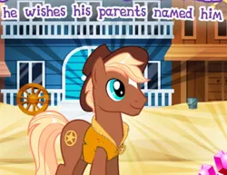 Size: 524x405 | Tagged: safe, derpibooru import, sheriff tumbleweed, earth pony, pony, clothes, gameloft, image, male, meme, png, stallion, text, vest, wow! glimmer