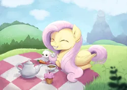 Size: 2970x2100 | Tagged: safe, artist:candy meow, derpibooru import, angel bunny, fluttershy, pegasus, pony, rabbit, ^^, animal, carrot, cup, cupcake, duo, eyes closed, female, food, image, male, mare, mountain, picnic, png, smiling, teacup