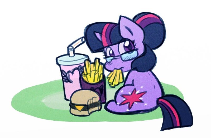 Size: 816x534 | Tagged: safe, artist:zutcha, derpibooru import, sci-twi, twilight sparkle, ponified, pony, unicorn, equestria girls, burger, cheeseburger, drink, eating, equestria girls ponified, female, food, french fries, hair bun, hamburger, image, jpeg, looking at you, looking back, looking back at you, mare, meat, mouth hold, ponies eating meat, simple background, sitting, soda, solo, that pony sure does love burgers, twilight burgkle, unicorn sci-twi, white background