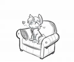 Size: 1914x1590 | Tagged: safe, artist:zutcha, derpibooru import, oc, unofficial characters only, pony, unicorn, black and white, couch, eyes closed, grayscale, heart, image, jpeg, male, monochrome, simple background, sitting, smiling, solo, stallion, white background