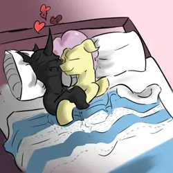 Size: 3000x3000 | Tagged: safe, artist:fumalunga, derpibooru import, oc, oc:cables, oc:coxa, unofficial characters only, changeling, pegasus, bed, blanket, changeling oc, cuddling, gay, heart, holding hooves, image, male, pegasus oc, pillow, png, smiling, wings