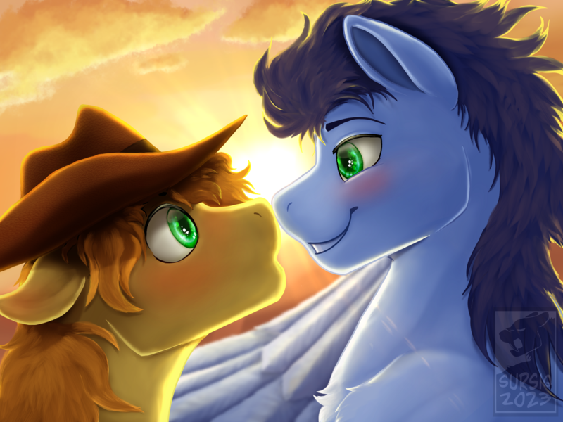 Size: 2732x2048 | Tagged: safe, artist:sursiq, derpibooru import, braeburn, soarin', earth pony, pegasus, pony, accessory, blue mane, blushing, boop, chest fluff, cloud, commission, couple, cowboy hat, cute, eye shimmer, floppy ears, fluffy, gay, green eyes, happy, hat, high res, image, lens flare, looking at each other, looking at someone, male, noseboop, orange mane, png, shading, shiny eyes, shipping, smiling, soarburn, sun, sunset, teeth, watermark, wings