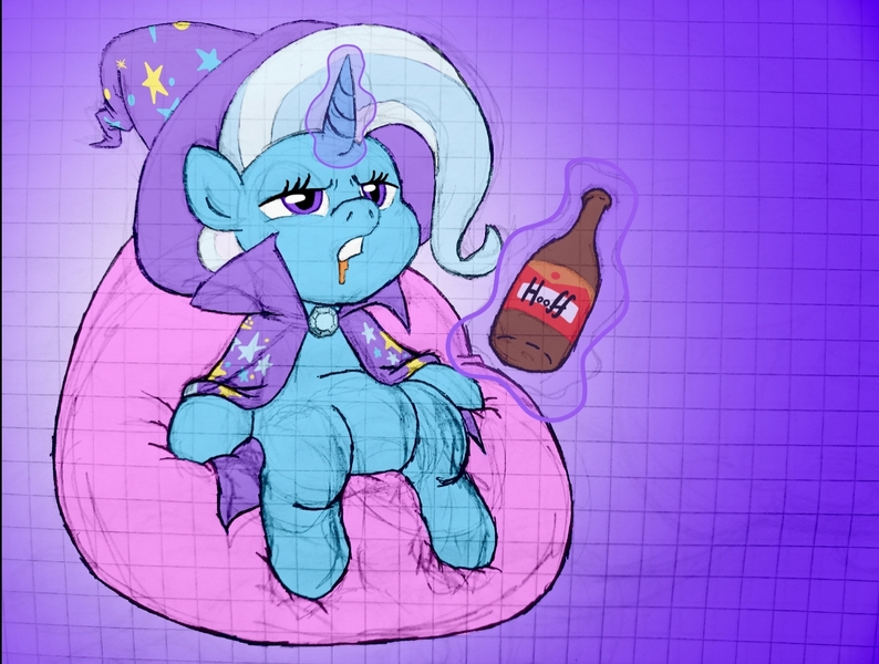 Size: 1430x1080 | Tagged: safe, derpibooru import, trixie, pony, unicorn, alcohol, beer, cape, clothes, drunk, graph paper, hat, image, jpeg, magic, sitting, solo, telekinesis, the simpsons, trixie's cape, trixie's hat, vulgar