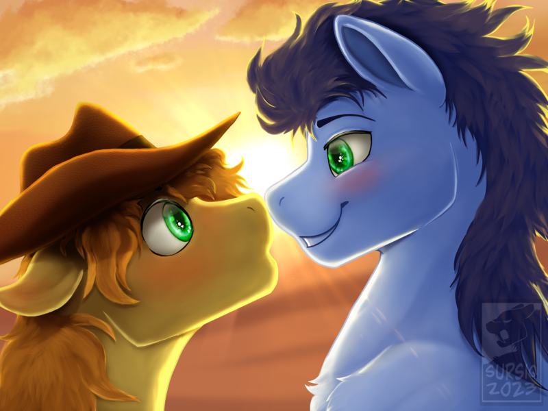 Size: 2732x2048 | Tagged: safe, alternate version, artist:sursiq, derpibooru import, braeburn, soarin', earth pony, pegasus, pony, accessory, blue mane, blushing, boop, chest fluff, cloud, commission, couple, cowboy hat, cute, eye shimmer, floppy ears, fluffy, gay, green eyes, happy, hat, high res, image, lens flare, looking at each other, looking at someone, male, noseboop, orange mane, png, shading, shiny eyes, shipping, smiling, soarburn, sun, sunset, teeth, watermark