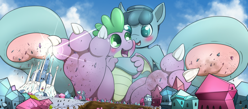 Size: 8096x3560 | Tagged: safe, derpibooru import, crystal hoof, spike, thorax, changedling, changeling, crystal pony, dragon, pony, absurd resolution, affection, barefoot, blushing, brotherly love, claws, crushing, crystal castle, crystal empire, crystal heart, cute, debris, destruction, dirt, dirty, dirty feet, dirty hooves, disguise, disguised changeling, feet, foot focus, giant dragon, giant pony, high res, hoof focus, hooves, hug, hug from behind, image, macro, male, mega giant, monster, not shipping, not what it looks like, panorama, paw print, png, shy, soles, thorabetes, toes