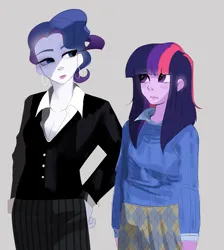 Size: 1953x2175 | Tagged: safe, artist:aztrial, derpibooru import, rarity, twilight sparkle, human, equestria girls, alternate hairstyle, alternate universe, clothes, crossover, duo, ear piercing, earring, female, image, jewelry, lipstick, makeup, parody, piercing, png, shirt, skirt, suit, sweater, the devil wears prada