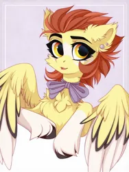 Size: 1200x1600 | Tagged: safe, artist:vird-gi, derpibooru import, oc, oc:sun burst, unofficial characters only, pegasus, pony, bow, bowtie, colored wings, colored wingtips, ear piercing, earring, image, jewelry, jpeg, looking at you, piercing, smiling, solo, spread wings, unshorn fetlocks, wings