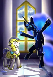 Size: 2275x3325 | Tagged: safe, artist:littletigressda, derpibooru import, nightmare moon, alicorn, earth pony, pony, duo, female, floppy ears, folded wings, frown, helmet, high res, image, looking at each other, looking at someone, mare, peytral, png, royal guard, wings