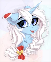 Size: 1290x1555 | Tagged: safe, artist:vird-gi, derpibooru import, oc, oc:eula phi, pony, unicorn, bow, bust, chest fluff, christmas, ear fluff, eye clipping through hair, eyebrows, eyebrows visible through hair, hair bow, hat, holiday, image, jpeg, looking at you, open mouth, open smile, santa hat, smiling, solo