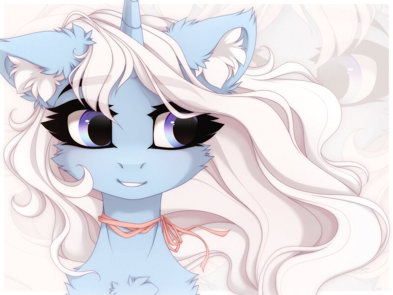 Size: 1600x1200 | Tagged: safe, artist:vird-gi, derpibooru import, oc, oc:eula phi, pony, unicorn, bust, chest fluff, ear fluff, eyebrows, eyebrows visible through hair, image, jpeg, ribbon, solo