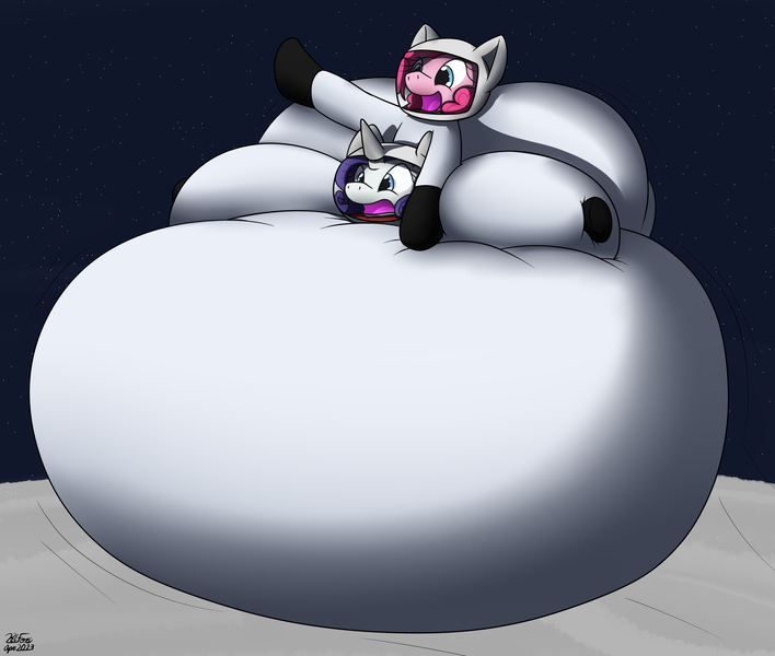 Size: 3366x2853 | Tagged: questionable, artist:the-furry-railfan, derpibooru import, pinkie pie, rarity, earth pony, unicorn, belly, big belly, bouncing, helmet, huge belly, image, impossibly large belly, inflatable suit, inflation, large butt, moon, panic, png, space, spacesuit