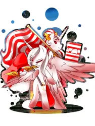 Size: 768x1024 | Tagged: safe, artist:diniarvegafinahar, derpibooru import, oc, oc:indonisty, ponified, unofficial characters only, alicorn, pony, bipedal, colored wings, countryball, father and child, father and daughter, female, flag, gradient hooves, gradient wings, hat, holding, image, indonesia, majapahit empire, male, mare, nation ponies, one eye closed, png, polandball, simple background, songkok, stallion, white background, wings, wink